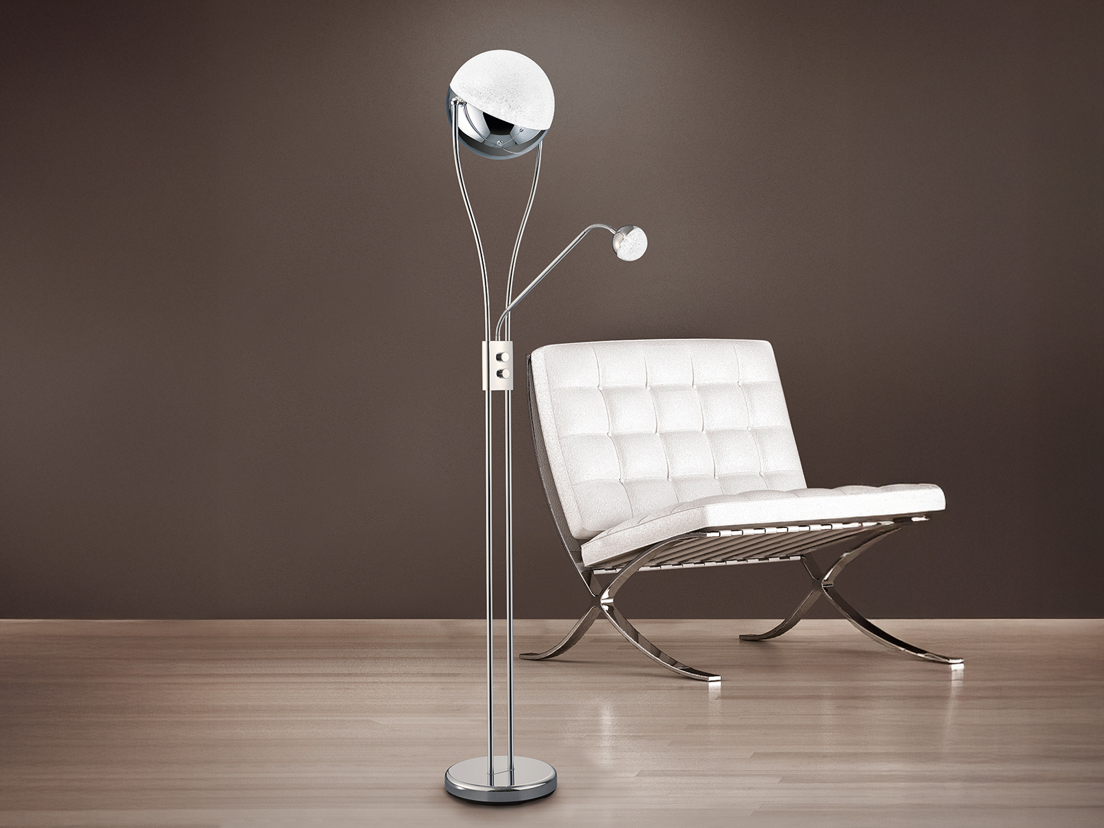 Led Deckenfluter Chris Mit Flexibler Leselampe, Silber Chrom, Höhe 180cm
