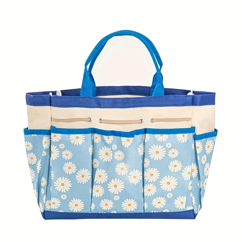 Sac à outils de jardin à motif chrysanthème, organisateur portable, bleu