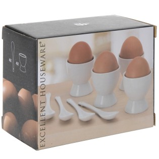 Koopman Weiß Four Egg Cups With Spoons In White Porcelain Dishwasher Safe