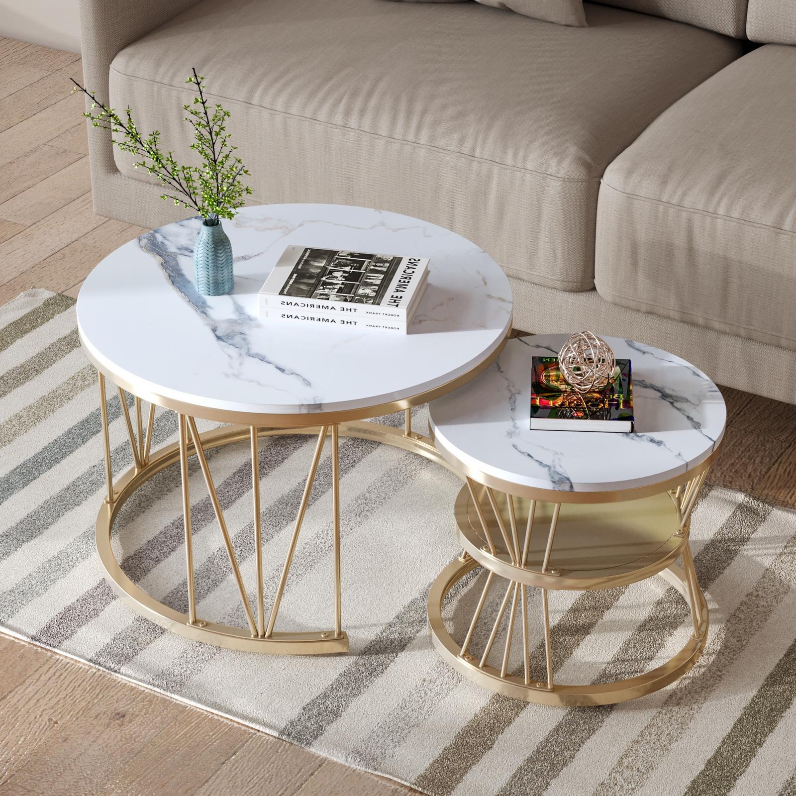 Table Basse Gigogne 70x70x45 Cm - Ensemble De 2 Tables Basses Rondes