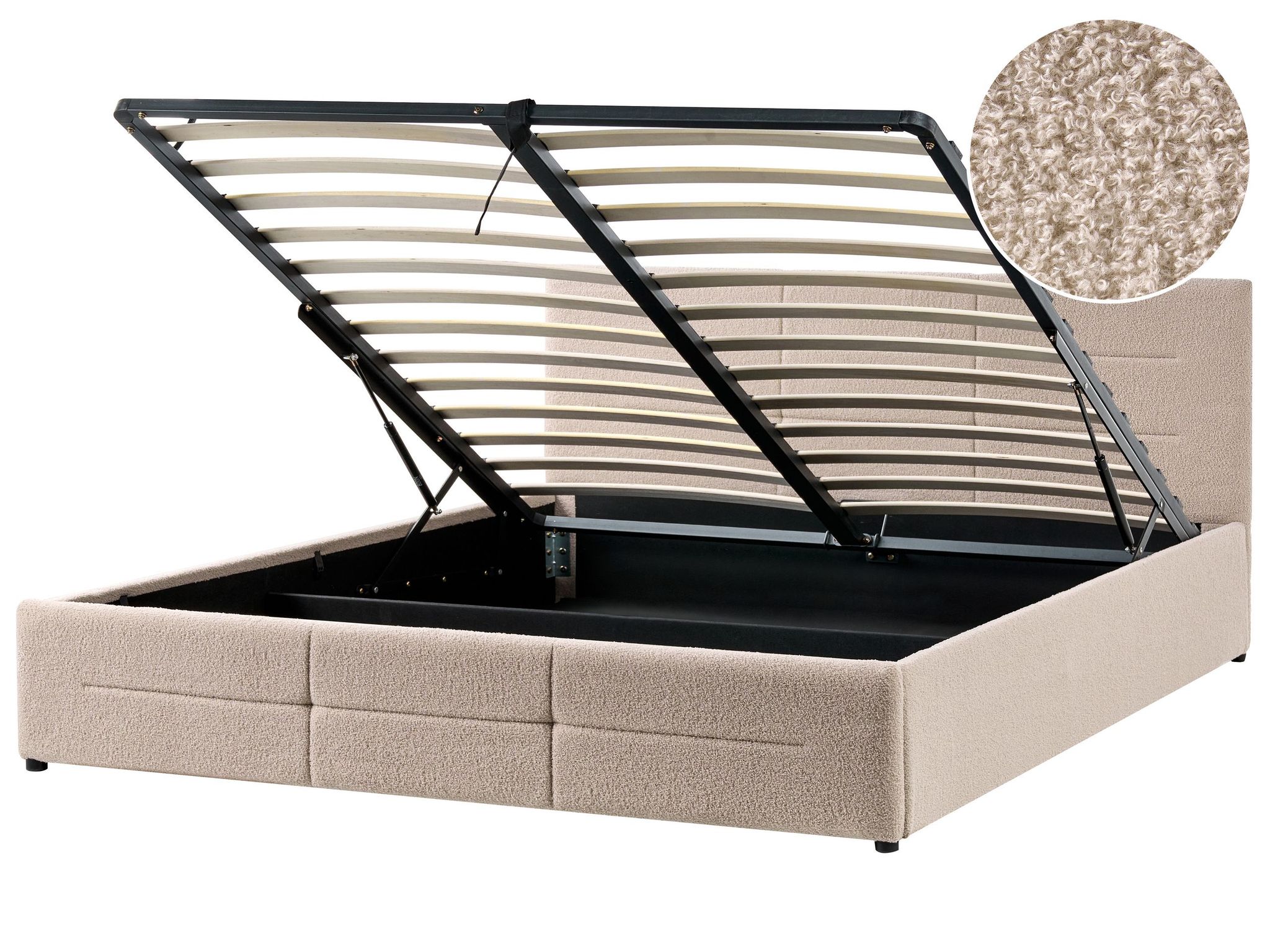 Beliani Ottoman Bed Beige Boucle Eu Super King Size 6ft Lift-up Storage Headboard Slatted Base Modern Design Massognes