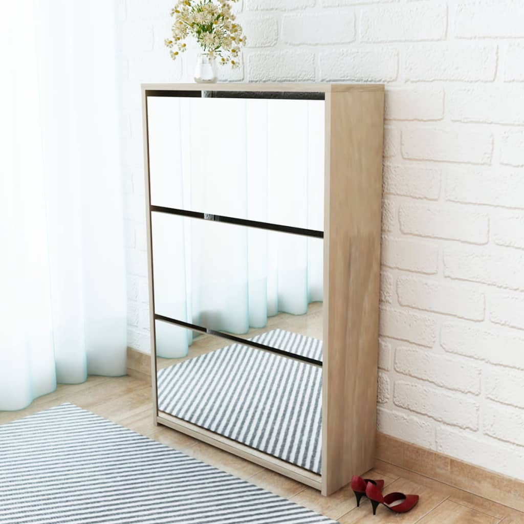 Vidaxl Braun - Schuhschrank Mit 3 Fächern Spiegel Eiche-Optik 63X17x102,5 Cm