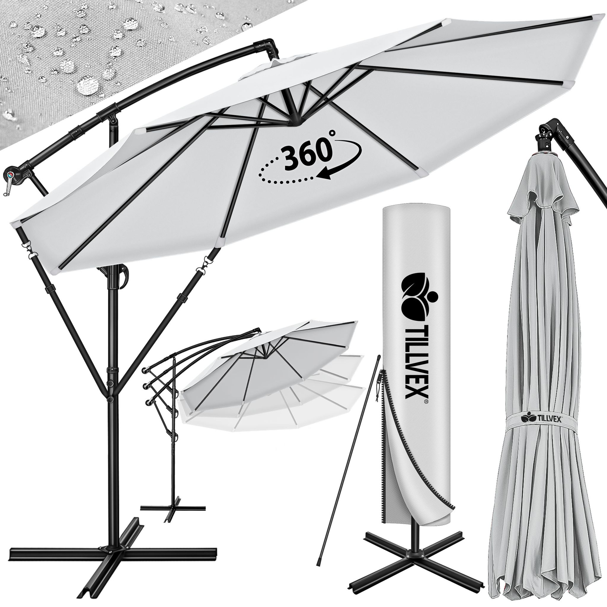 Tillvex – Parasol Déporté Gris 300 Cm – Mât En Aluminium – Toile