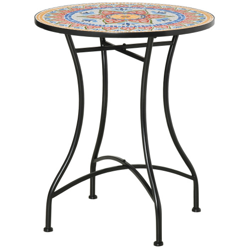 Table de jardin en mosaïque avec étagère - Plateau en métal et céramique - Petite table d'appoint ronde Lisbonne