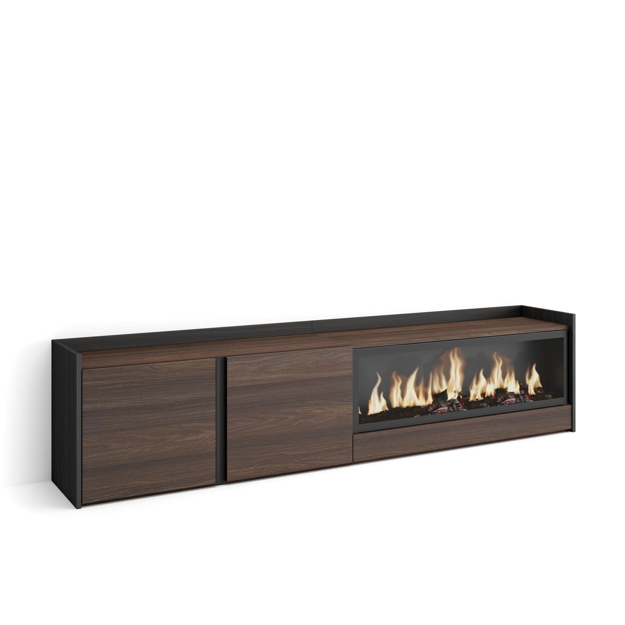 Skraut Home - Meuble Tv, Banc Télé, Grand Espace De Rangement, 212x35x50cm, Pour Les Tv Jusqu'à 80", Cheminée Électrique Xxl, Style Moderne, Chêne Foncé Et Noir