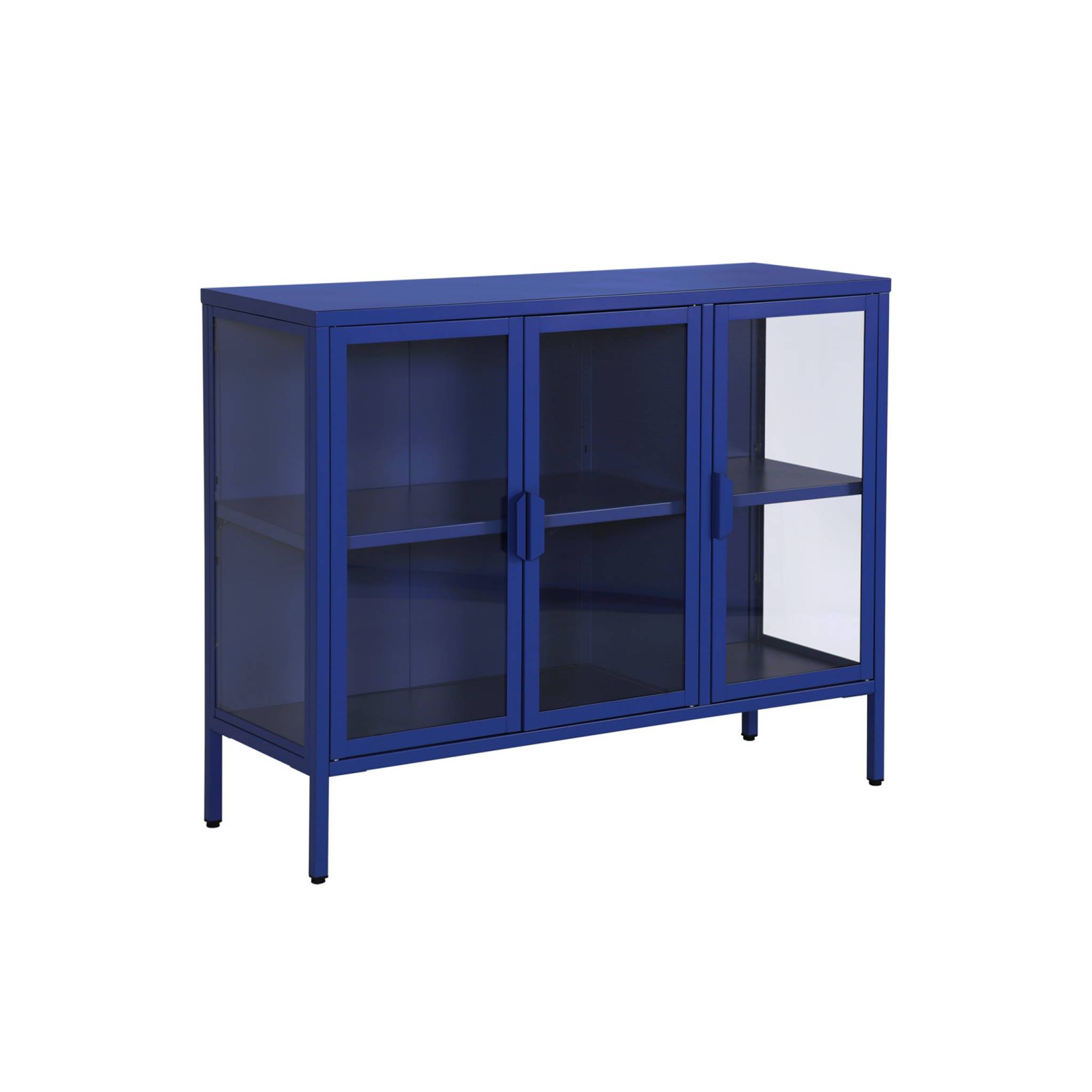 Sweeek Industrial Metal And Tempered Glass Sideboard With 3 Doors 100cm, Arkansas, Blue, 100x35x80 Cm