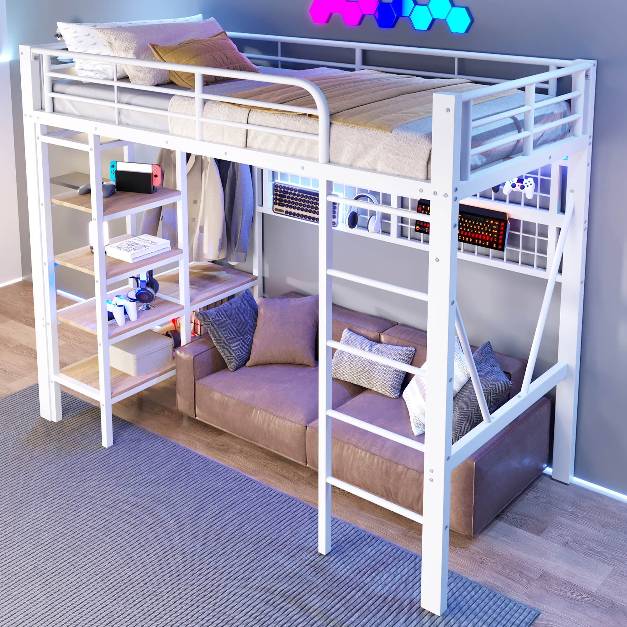 Stilvora Hochbett 90 X 200 Cm Mit Einstellbarer Led, Regal, Aufbewahrungsnetz Und Kleiderstange, Ohne Matratze, Aus Metall, Weiß