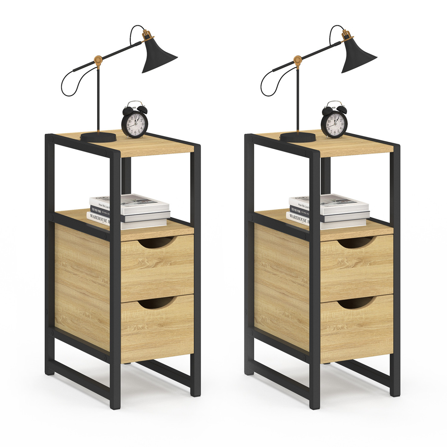 Lot De 2 Tables De Chevet Detroit 2 Tiroirs Et 1 Niche Bois Et Métal