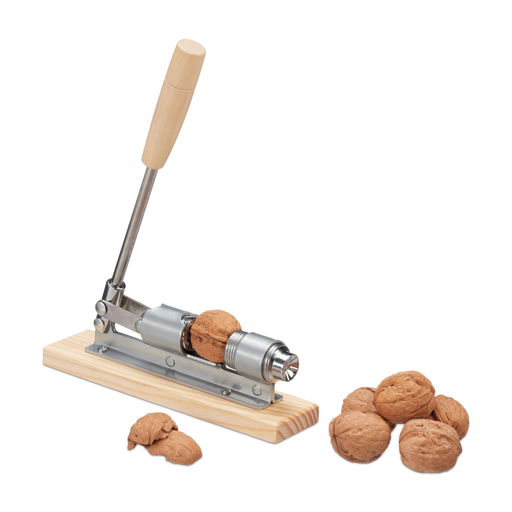 Relaxdays Grau - Retro Nussknacker Holz, Nutcracker, Größenverstellbar, Kraftsparend Nüsse Öffnen, Hebel, Metall, Silber/Natur
