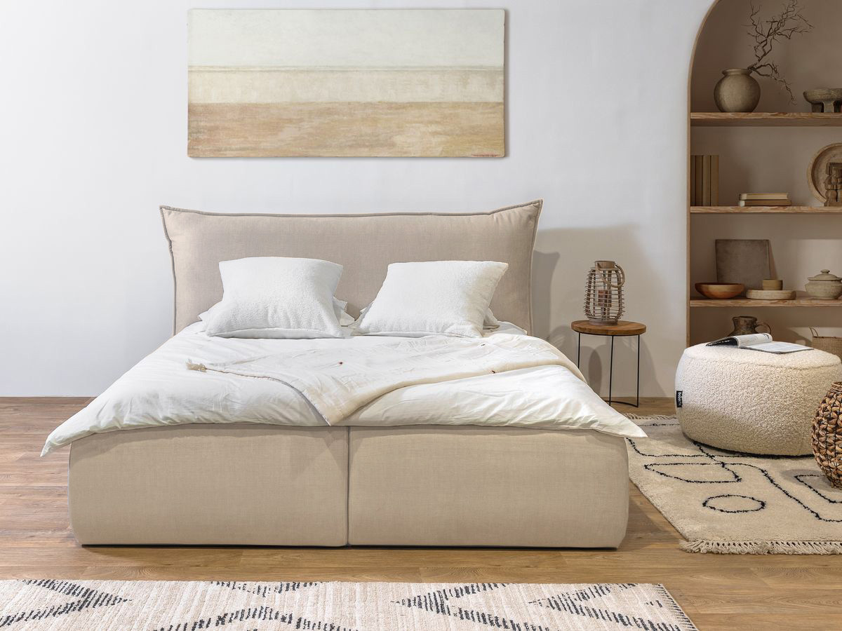 Bobochic - Lit Coffre Jade Avec Tête De Lit Effet Oreiller 140x190 Beige