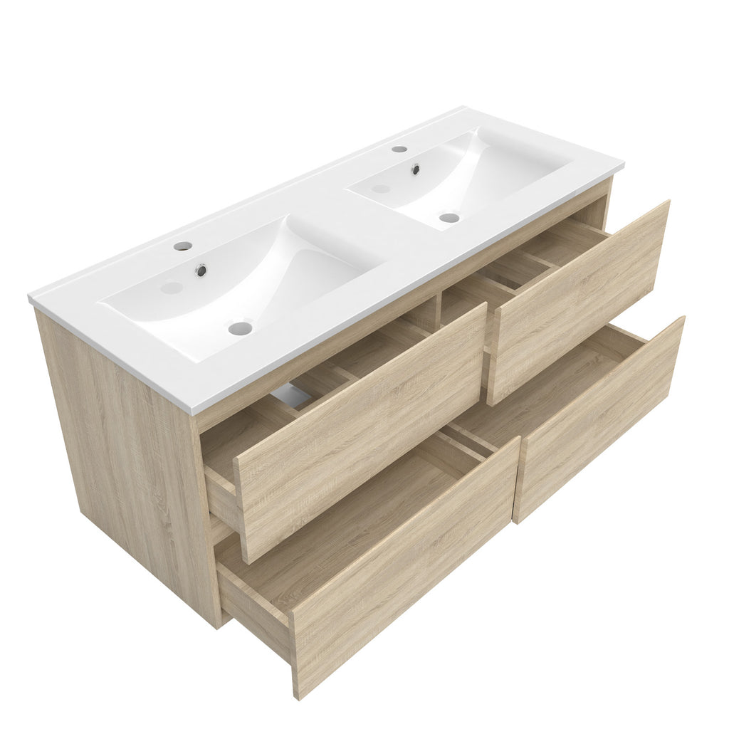 Ocean Sanitaire - 120cm Meuble Vasque Suspendu Bois Clair Avec 2 Tiroirs