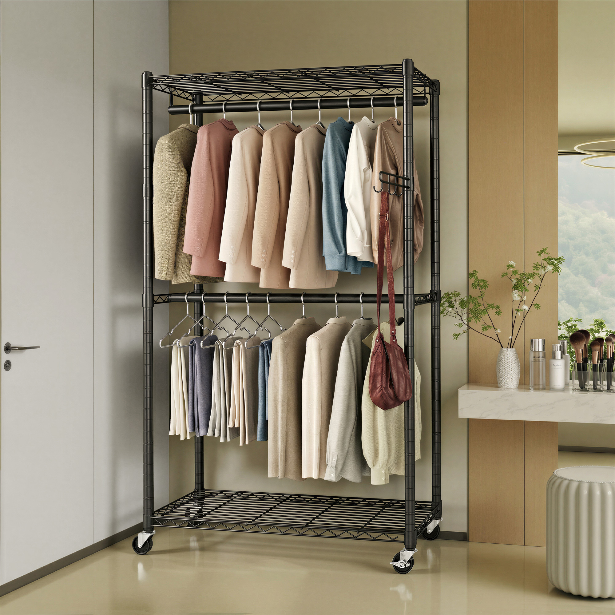 Songmics – Portant Mobile En Métal Avec Étagères Réglables – Structure En Acier Résistante À L'Eau Et À La Rouille – Roulettes Avec Freins – 90 X 40 X 199 Cm, Noir