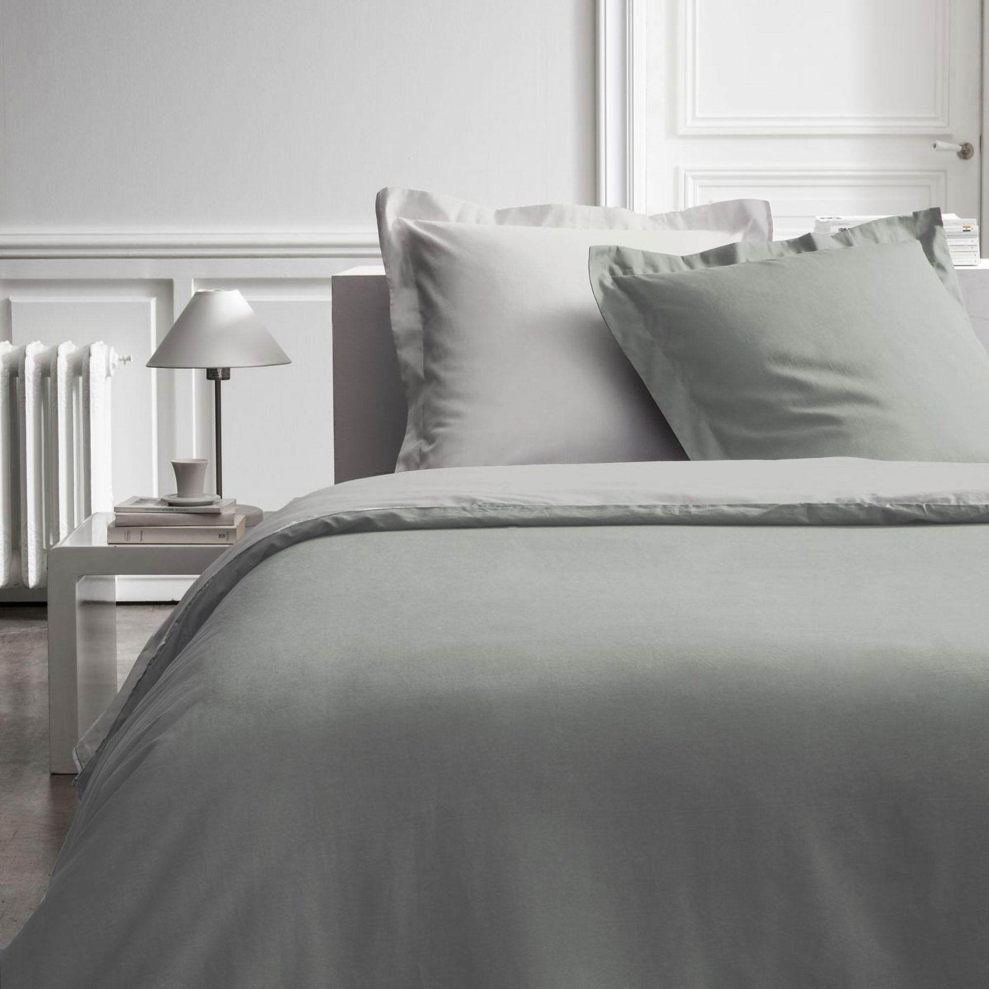 Parure De Lit 3 Pièces 260x240 Cm Percale Bicolore Sauge Et Beige