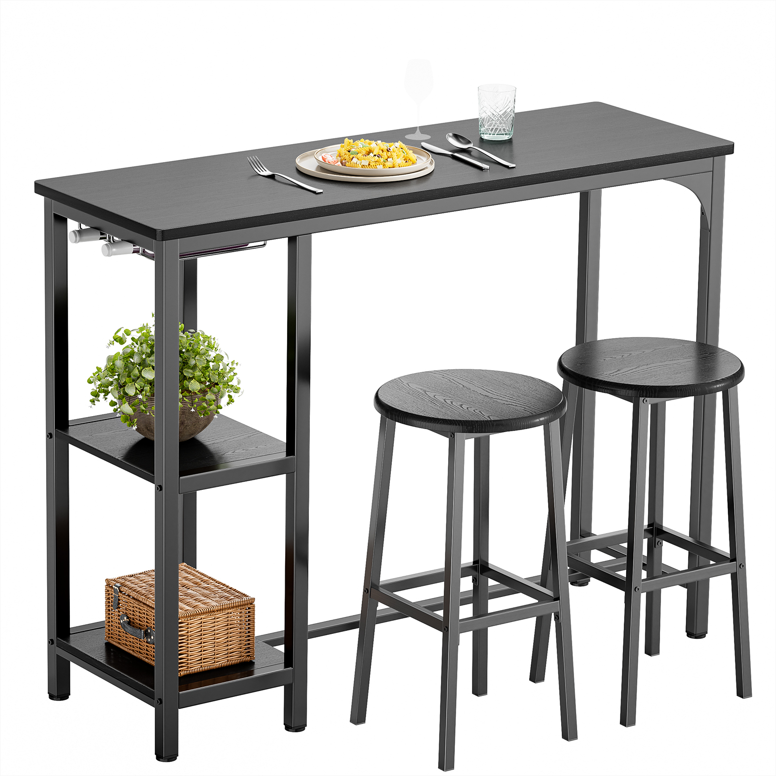 Table Haute Mange Debout 2 Tabouret Table De Bar Cuisine Ensemble De Meubles De Salle À Manger Cadre En Acier Noir - Bealife