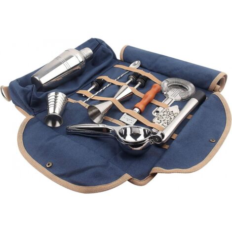 Sac à outils de barman en rouleau, toile 16A, 8 poches et poche zippée, poignée en daim