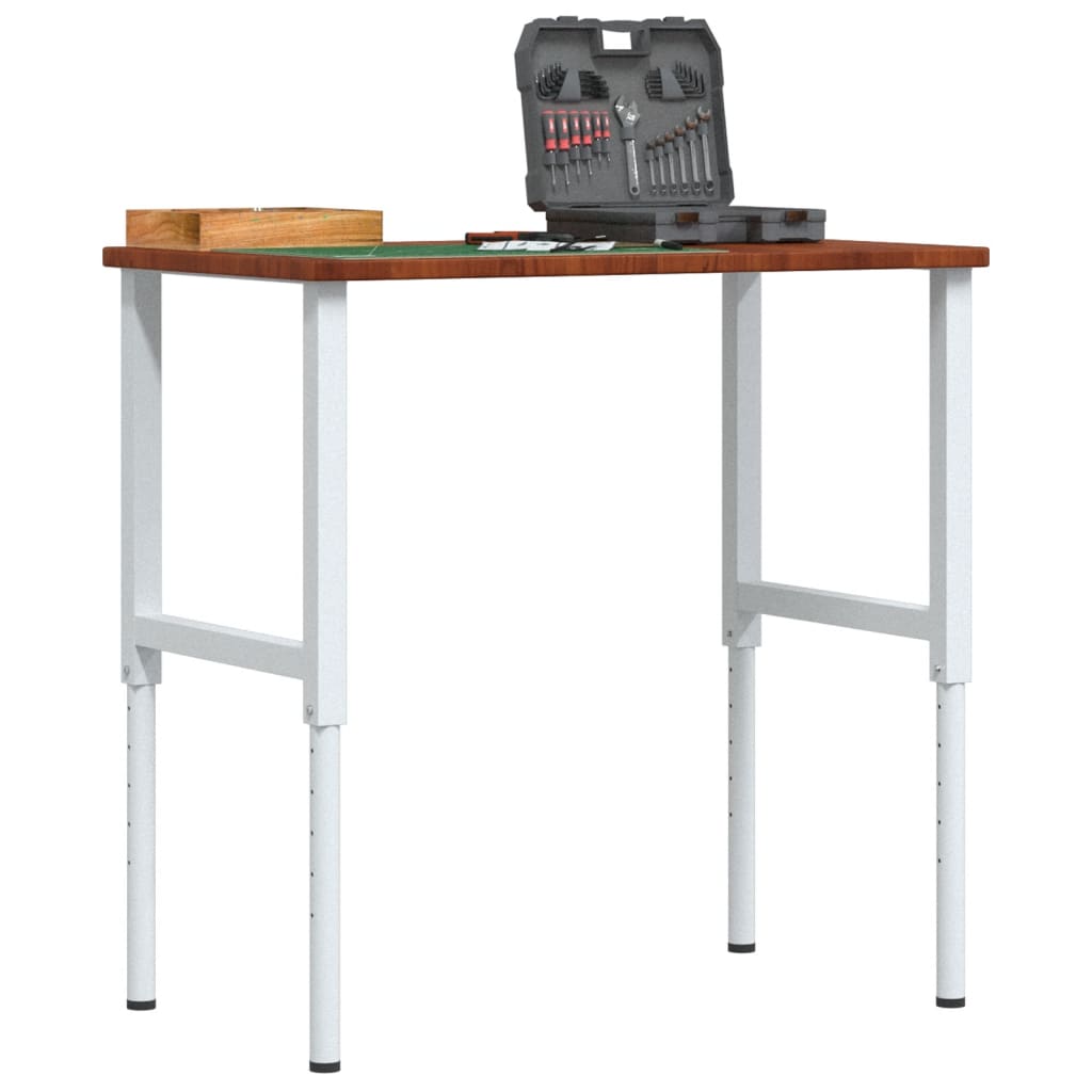 Établi en bois de chêne massif avec cadre métallique, pied réglable en hauteur