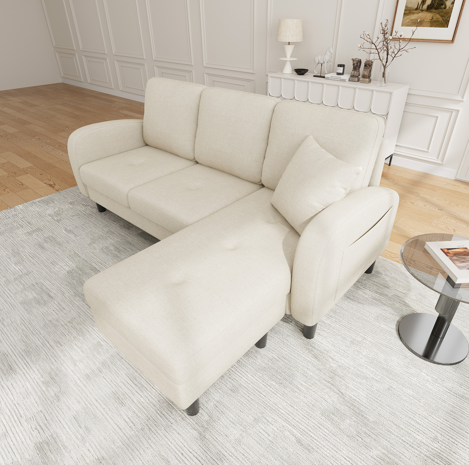 Okwish Ecksofa 3-sitzer Mit Liegefläche, Kunststofffüßen, In Baumwoll-leinen-stoff, Beige, 166x118x77 Cm