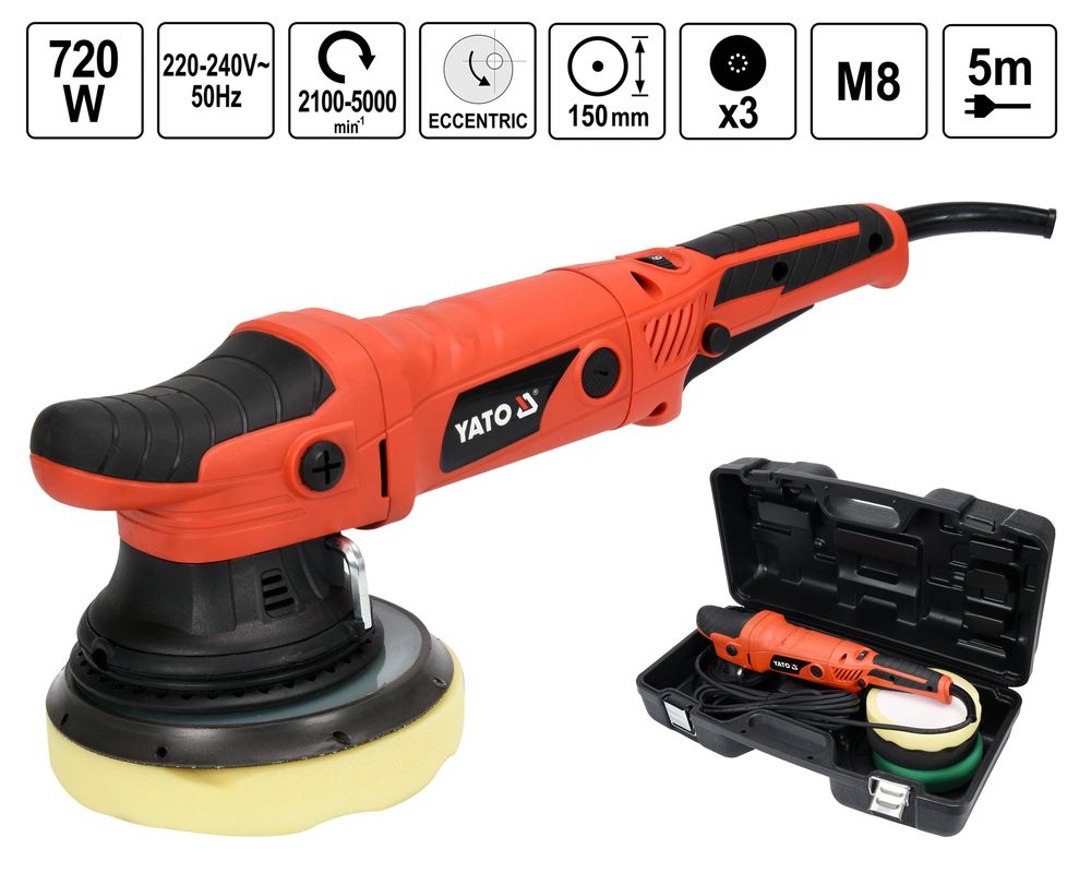 Yato - Exzenter Poliermaschine Polierhub 150 Mm 720W Inkl. 3 Polierscheiben + Box Lackpflege Autopolitur Autopflege