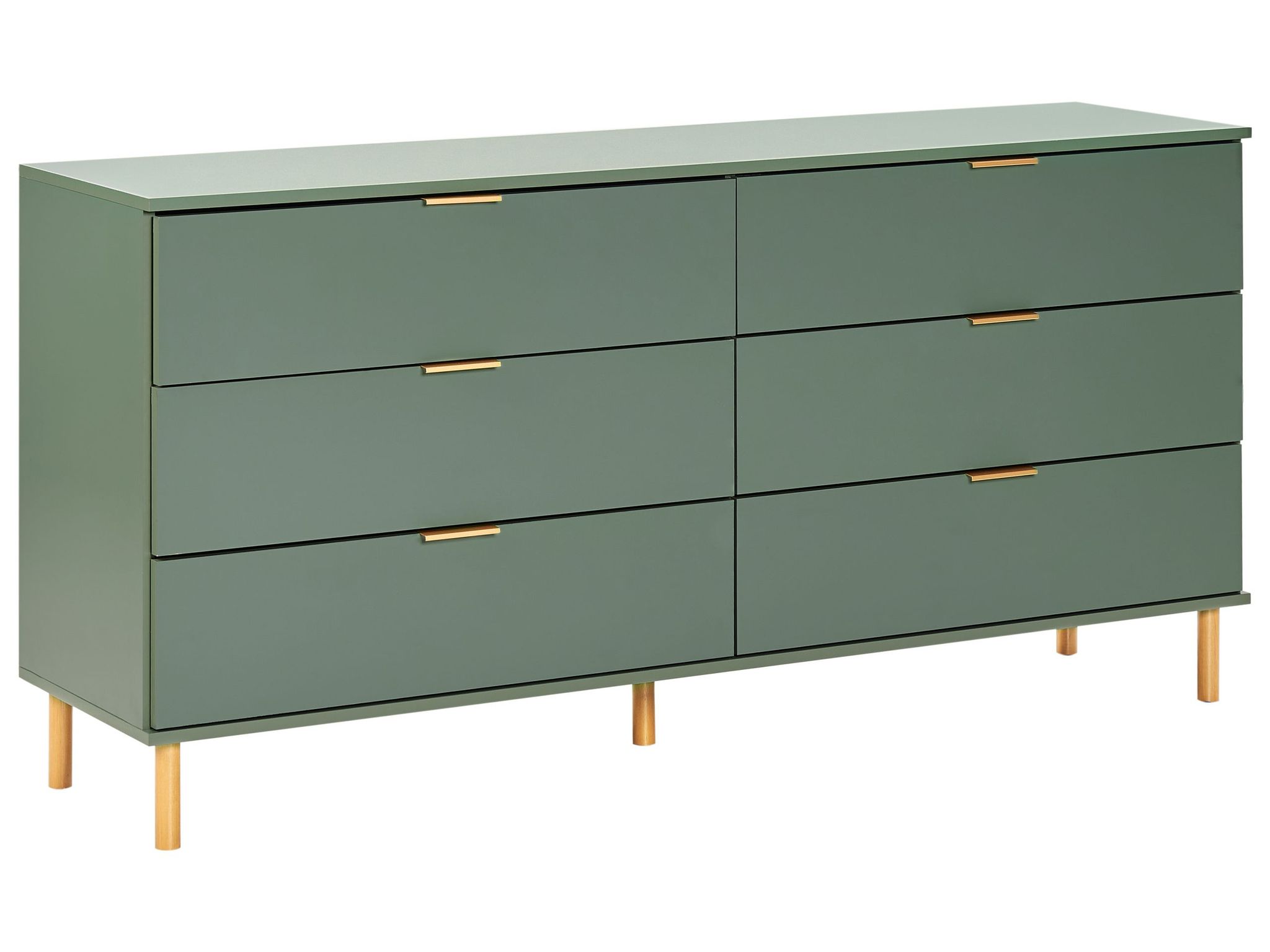 Beliani Stylish 6 Drawer Chest Engineered Wood Gold Handles Solid Wood Legs Living Room Green Walpole