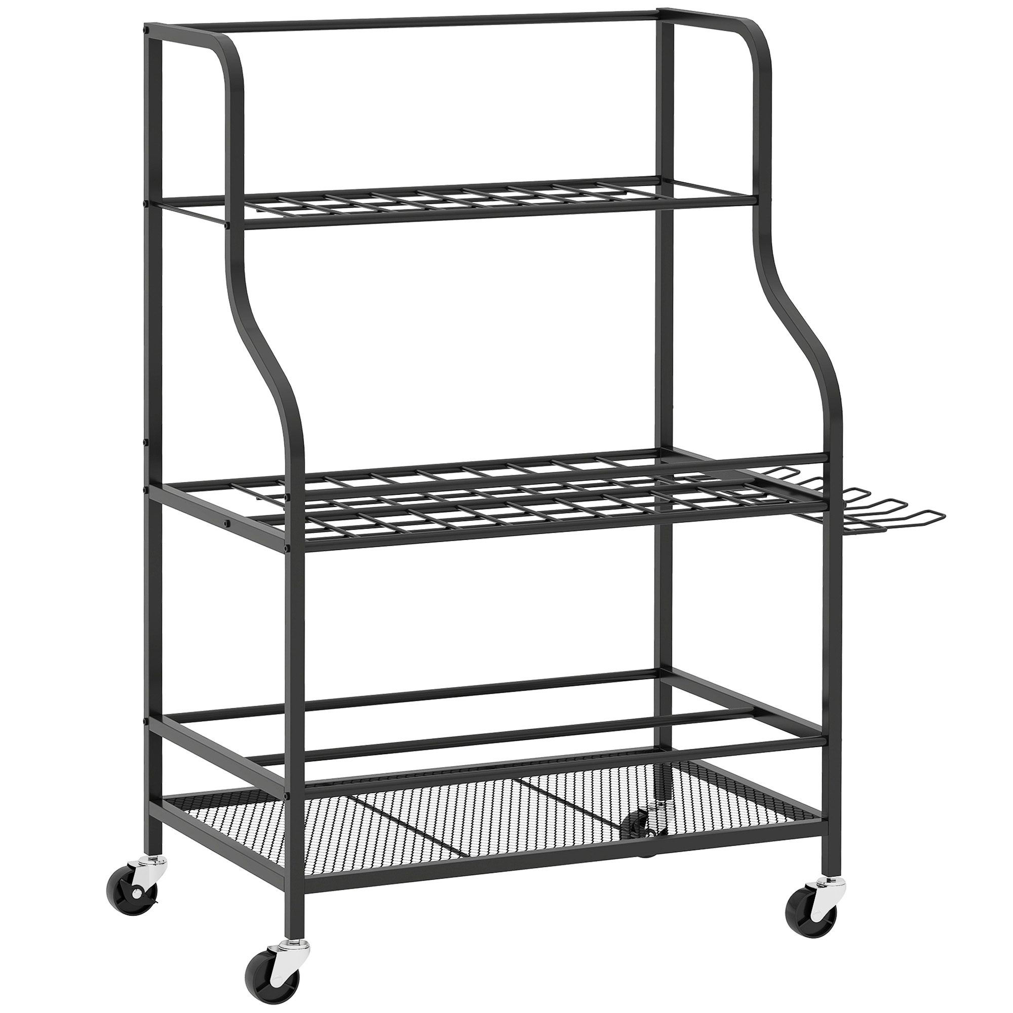 Support de rangement pour outils de jardin, 3 niveaux, 54 emplacements, 5 crochets acier, roulettes dont 2 verrouillables, noir