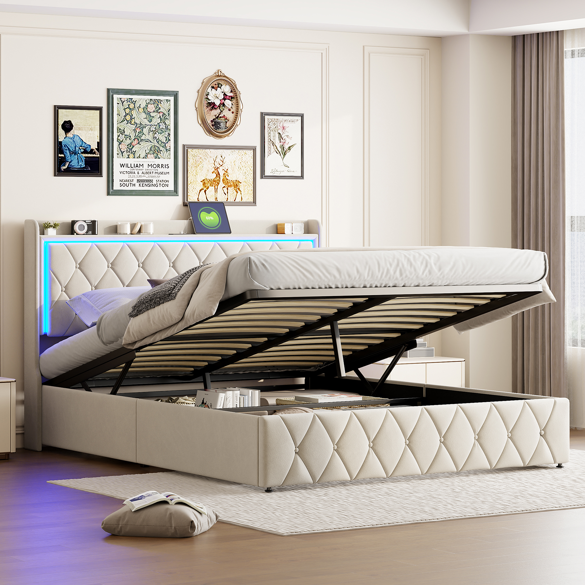Lit Coffre 140x200,lit Adulte 140x200 Avec Sommier,tête De Lit Avec