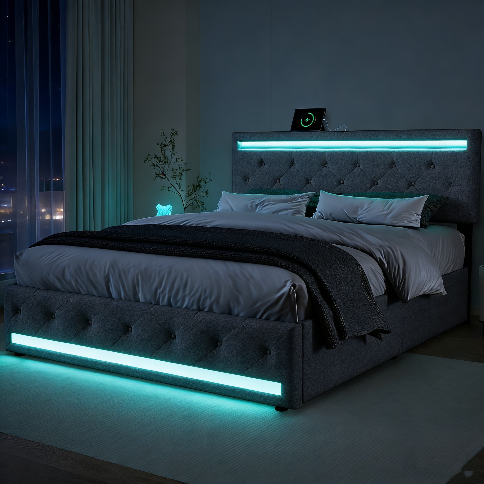 Lit Double Adulte 140x190 Cm Avec Éclairage Led