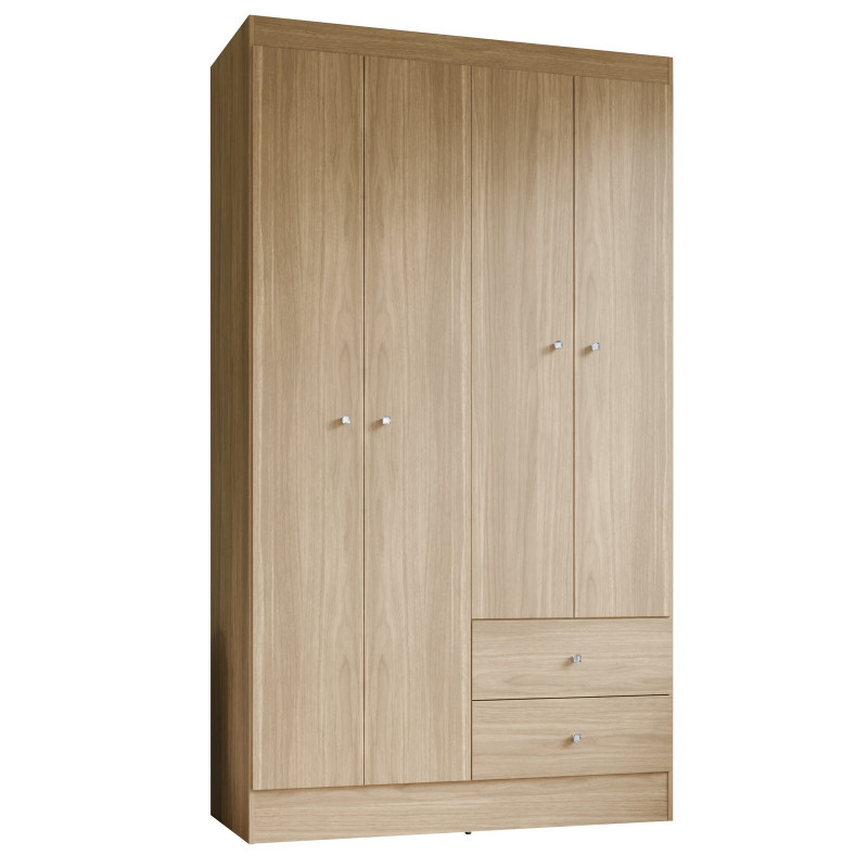 Beaux Meubles Pas Chers – Armoire Penderie 4 Portes – 2 Tiroirs – 5 Niches – Bois Certifié Fsc – Dimensions L 102.4 X H 182.4 X P 46.3 Cm – Finition Imitation Chêne