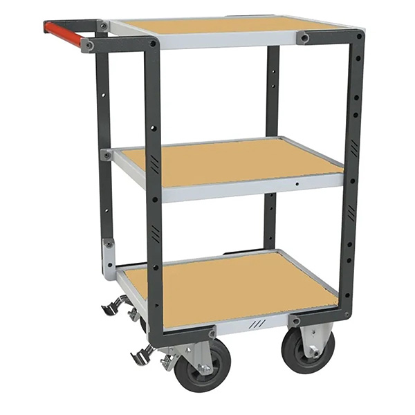 Servante d'atelier 3 plateaux médium, charge 400 kg, roues caoutchouc Ø160 mm, 1 poignée