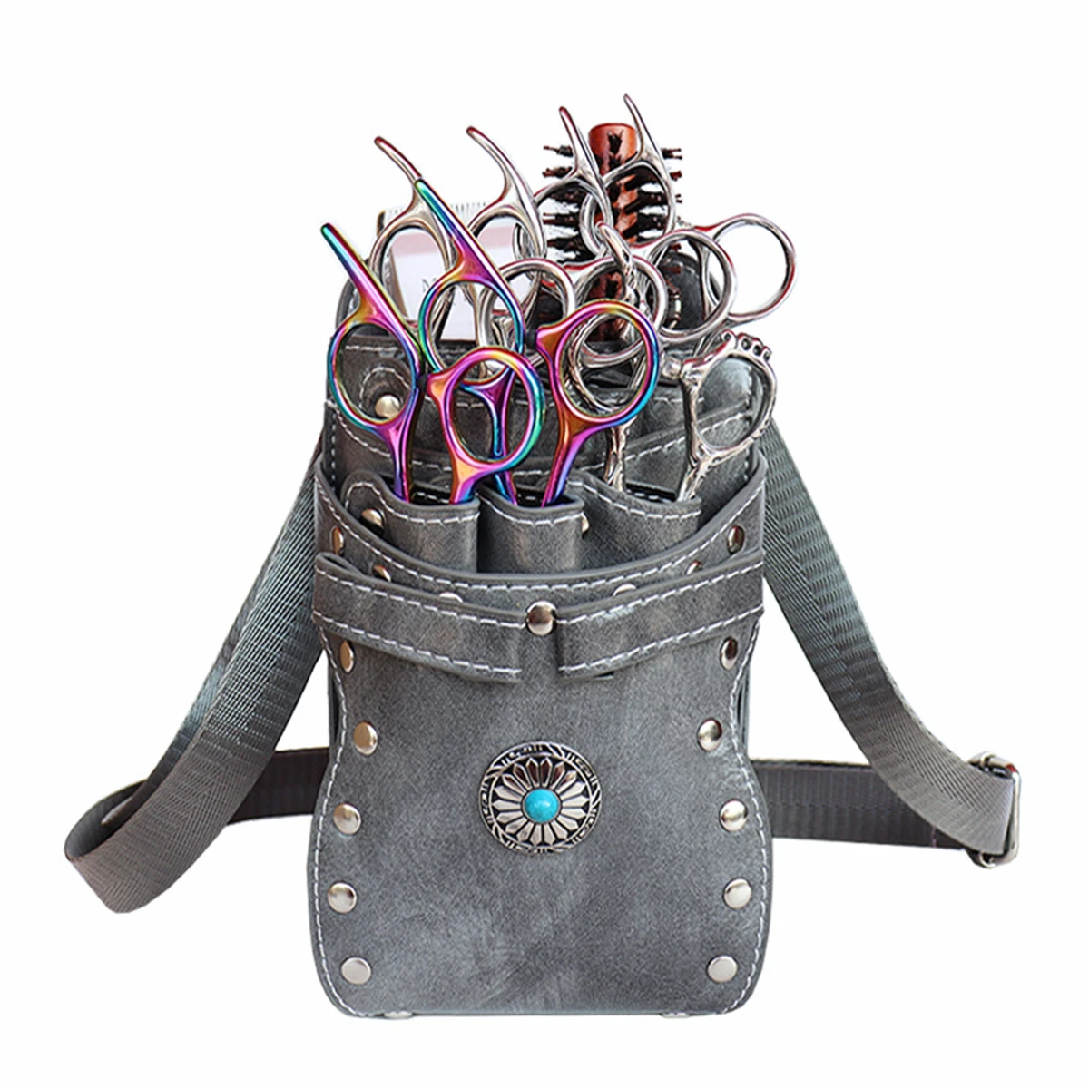 Sac à ciseaux coiffeur en cuir PU, poches multiples, bandoulière et ceinture réglables, gris