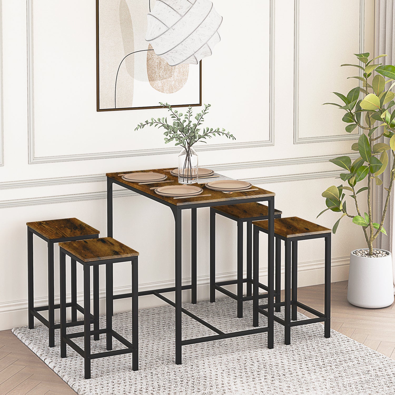 Eggree - Ensemble Table De Salle À Manger, Table De Bar Et Chaises De Bar, Table Haute Et 4 Tabouret -marron