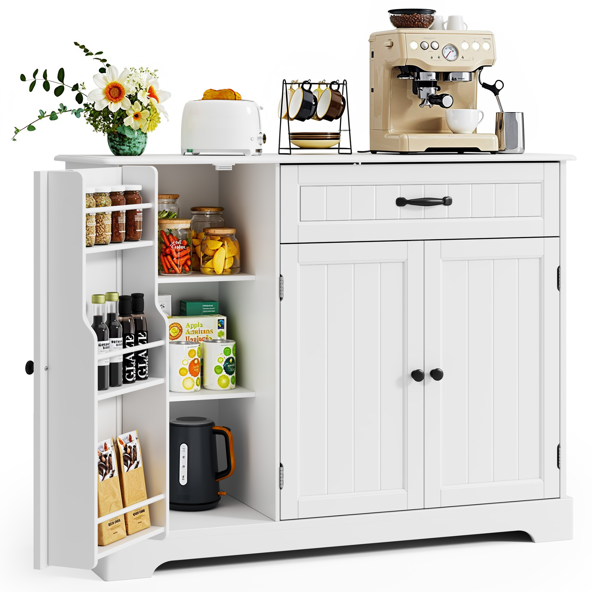Meuble Rangement De Cuisine Bealife Buffet Blanc Avec 3 Portes 1 Tiroir