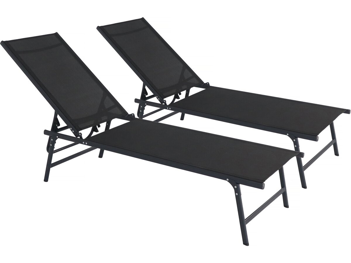 Habitat Et Jardin – Lot De 2 Bains De Soleil En Métal – Dimensions 180 X 54 X 104 Cm – Hauteur Réglable 71.5/104 Cm – 4 Inclinaisons – Textilène Noir