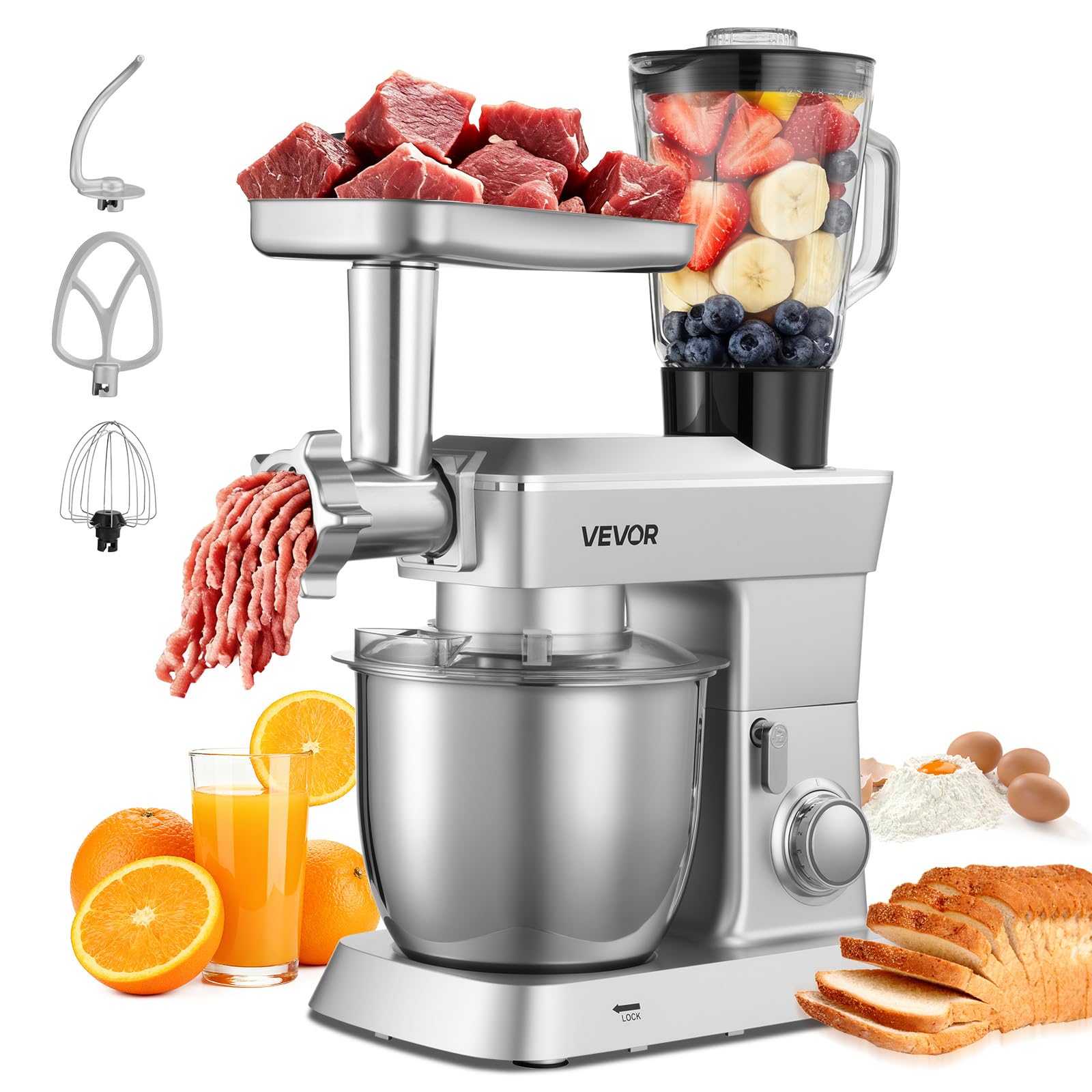 Vevor Impastatrice Mescolatore Per Cucina Da 1300 W Con Ciotola In Acciaio Inox 4,3 L E Ciotola Per Mescolare 1,5 L, Impastatrice Con 6 Velocita E Gancio Per Impastare, Frusta E Sbattitore