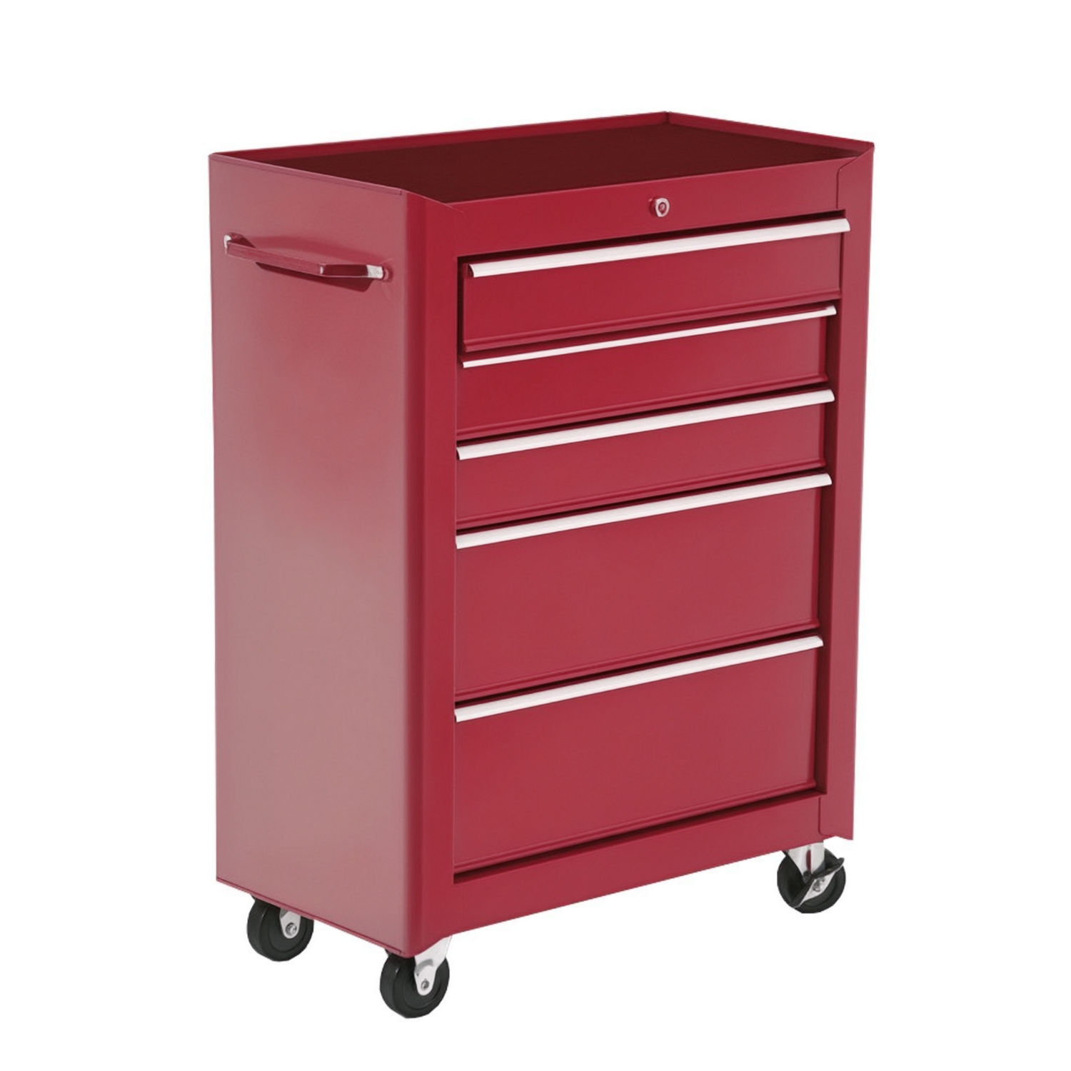 Chariot à outils sur roulettes en acier, 5 tiroirs verrouillables dont 3 petits et 2 grands, rouge