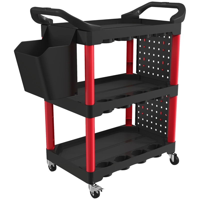 Chariot à outils 3 étages en polypropylène, 95 × 43 × 96 cm, noir et rouge, 9,5 kg