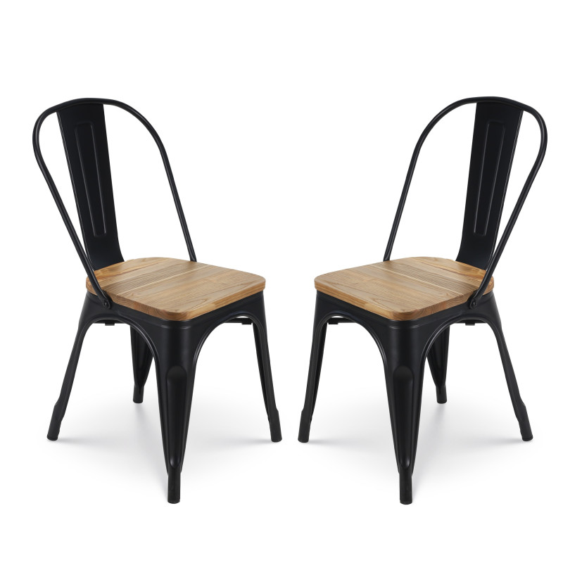 Lot De 2 Chaises En Métal Noir Mat Et Assise En Bois Clair - Style