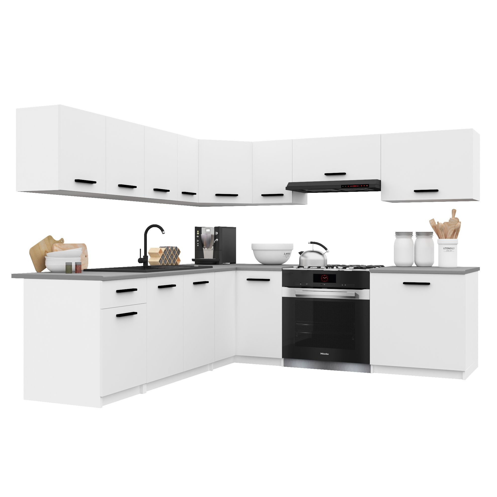 Belini Italia 7 Cuisine Equipée Modulaire Complète - 420 Cm. Meubles Hauts Bas Avec Plan De Travail, Blanc Mat