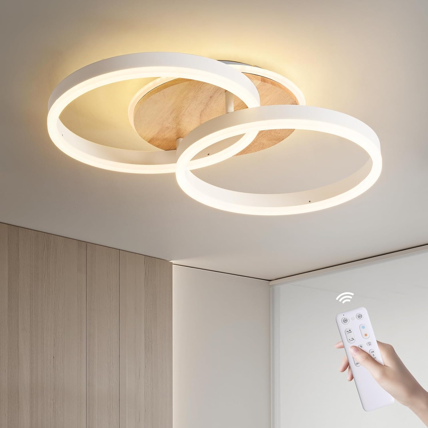 Amdelne Plafonnier Led Moderne 50 Cm- Design 2 Anneaux, 36w Avec Télécommandeintensité Variable & Fonction Mémoire - Métal Et Acrylique -ldéal Pour Salon, Chambre Ousalle À Manger