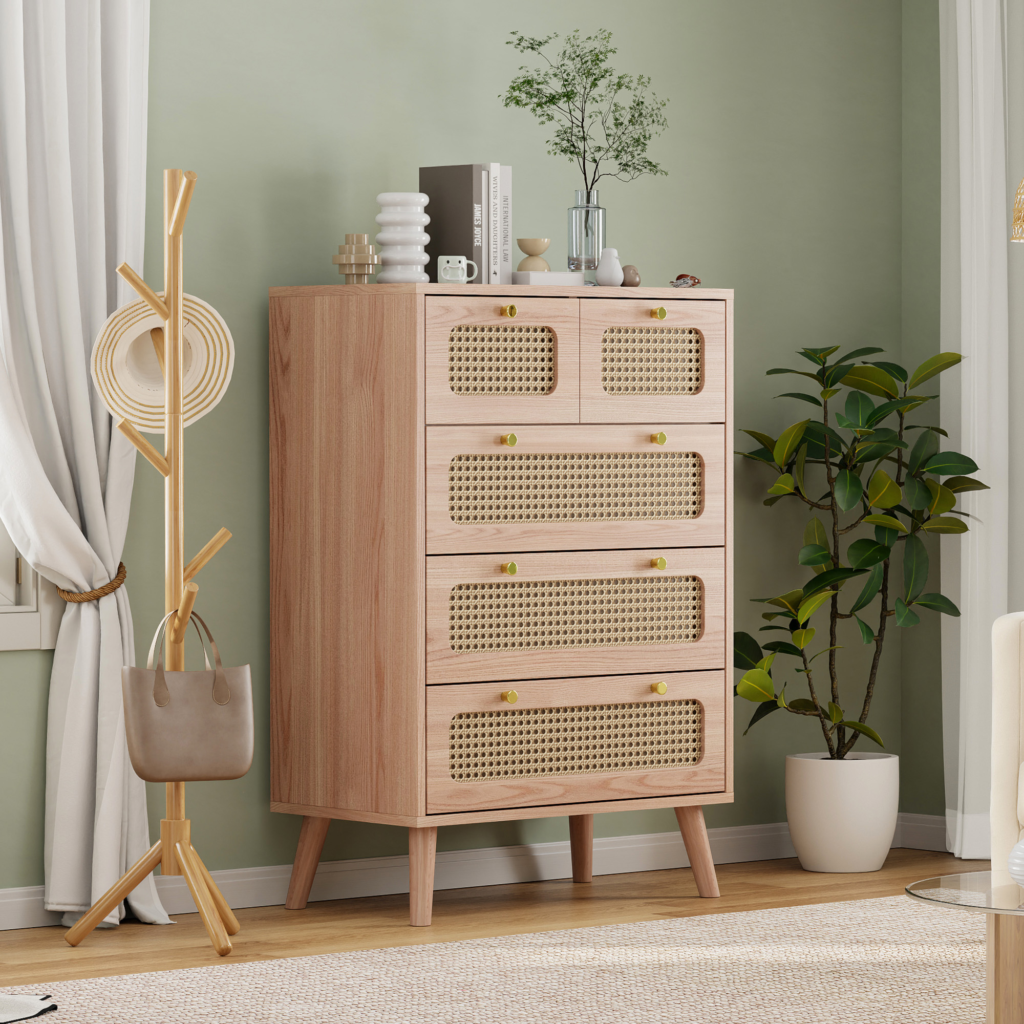 Commode 5 Tiroirs En Rotin Naturel - Meuble De Rangement Étroit