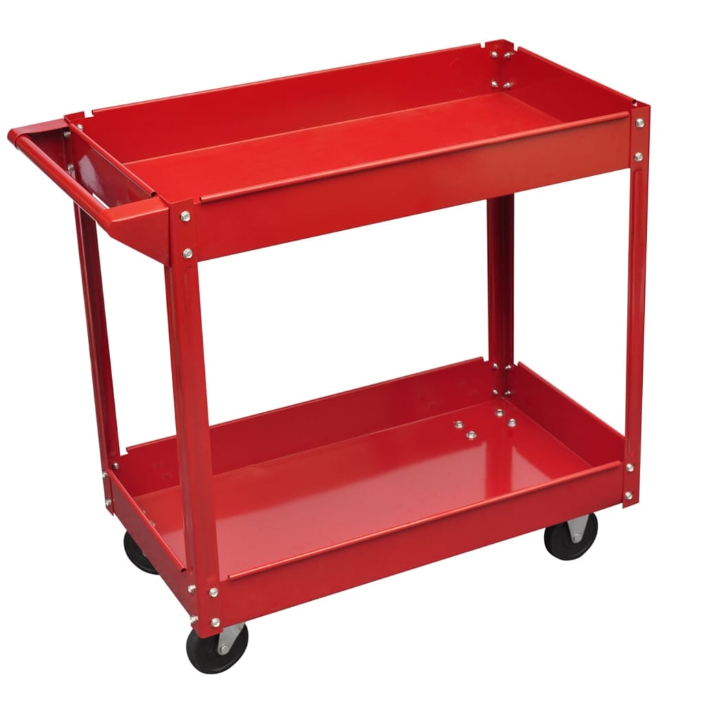 Chariot d'atelier à outils en acier laqué rouge, 2 étagères, charge 100 kg, 4 roues pivotantes et poignée