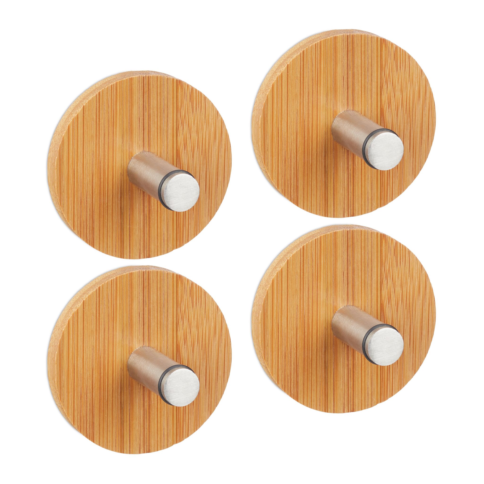 Set Ganci Adesivi, Autoadesivi, 4 Appendini Rotondi, Per Bagno E Cucina, Acciaio Antiruggine E Bambù, Naturale - Relaxdays