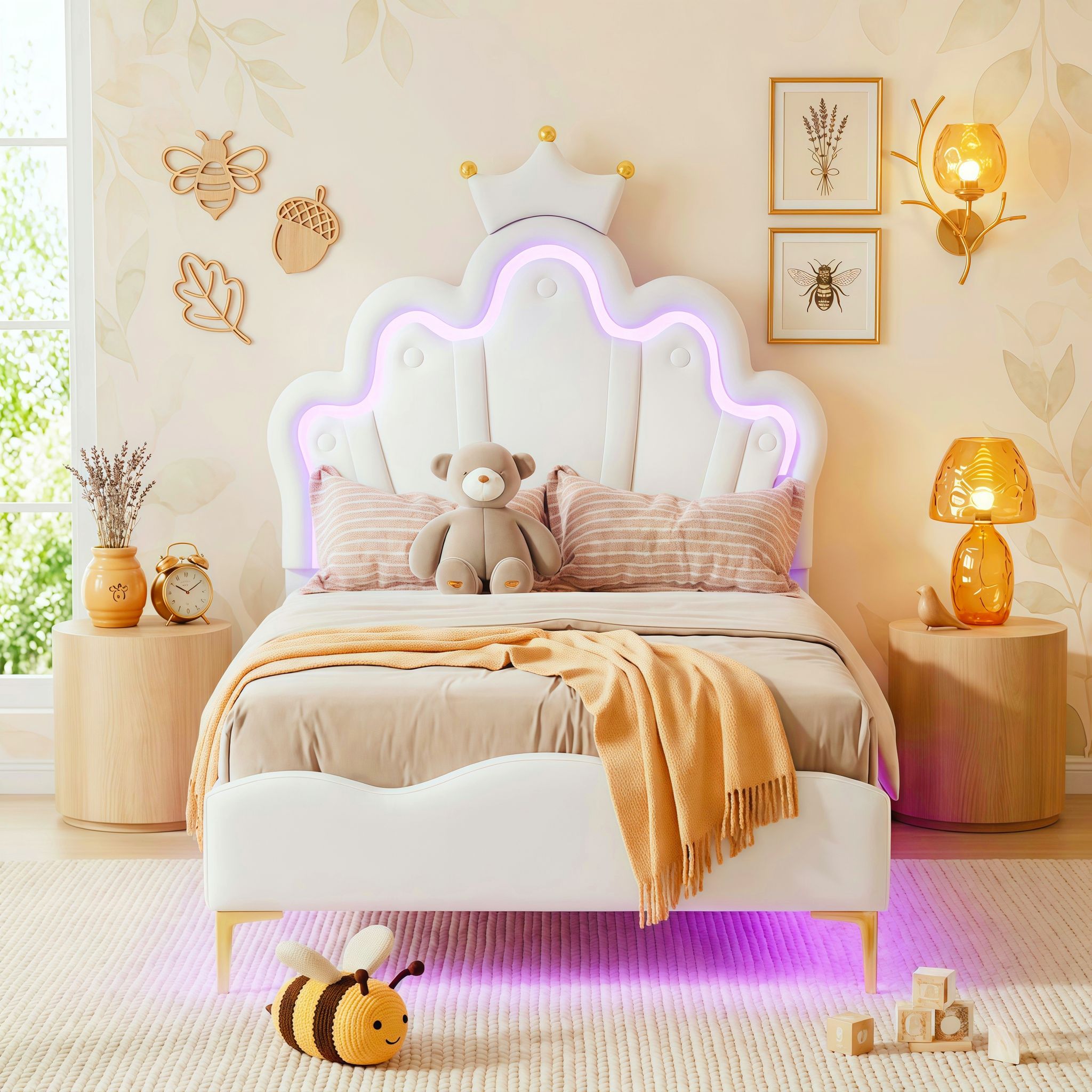 Lit Simple 90x190 Cm – Lit Princesse Couronne Avec Éclairage Led – Similicuir, Sommier À Lattes, Style Scandinave – Blanc