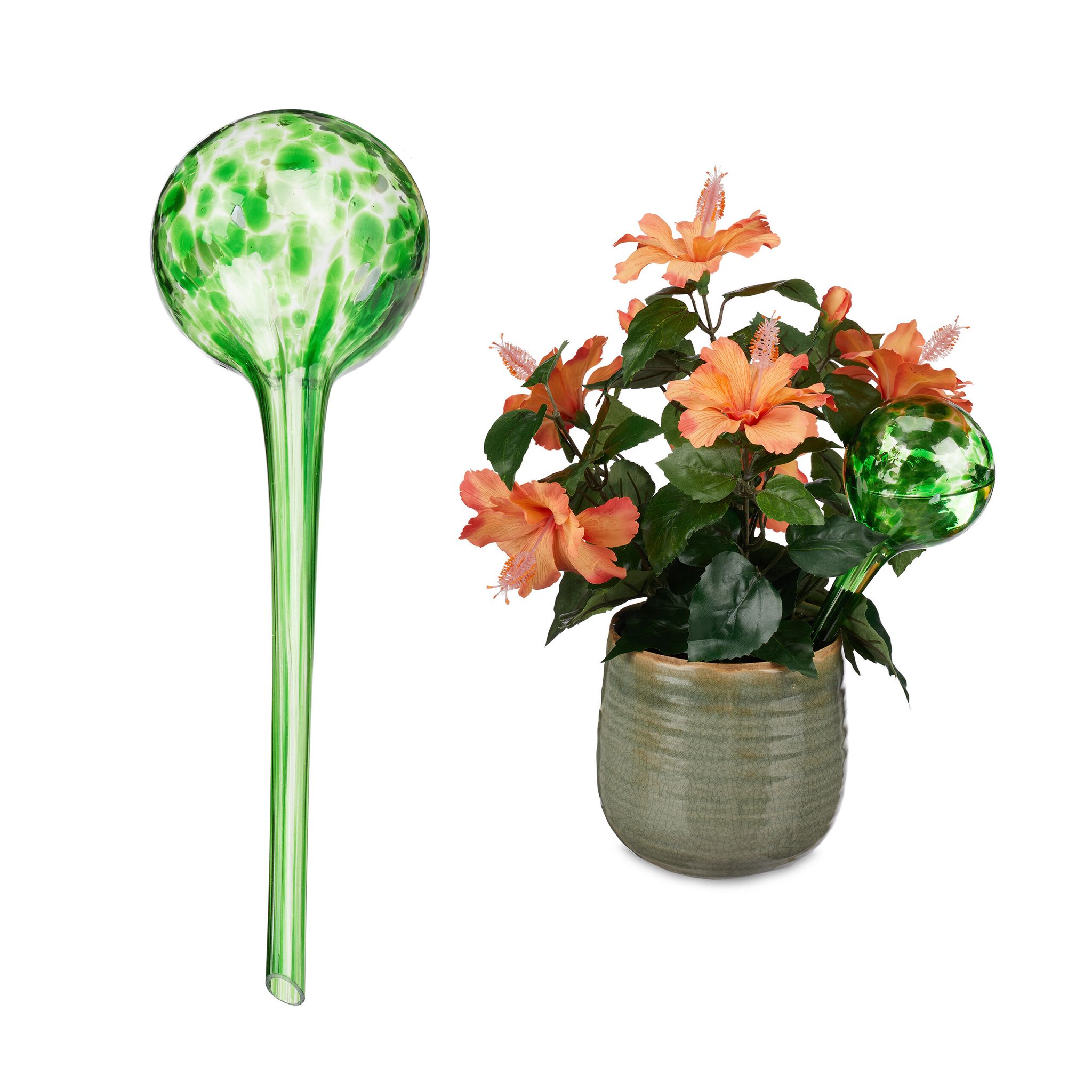 Relaxdays - Bewässerungskugel 2er Set, Dosierte Pflanzen Bewässerung, Blumentopf, Gießhilfe Büro, Urlaub, Glas Ø 9cm, Grün