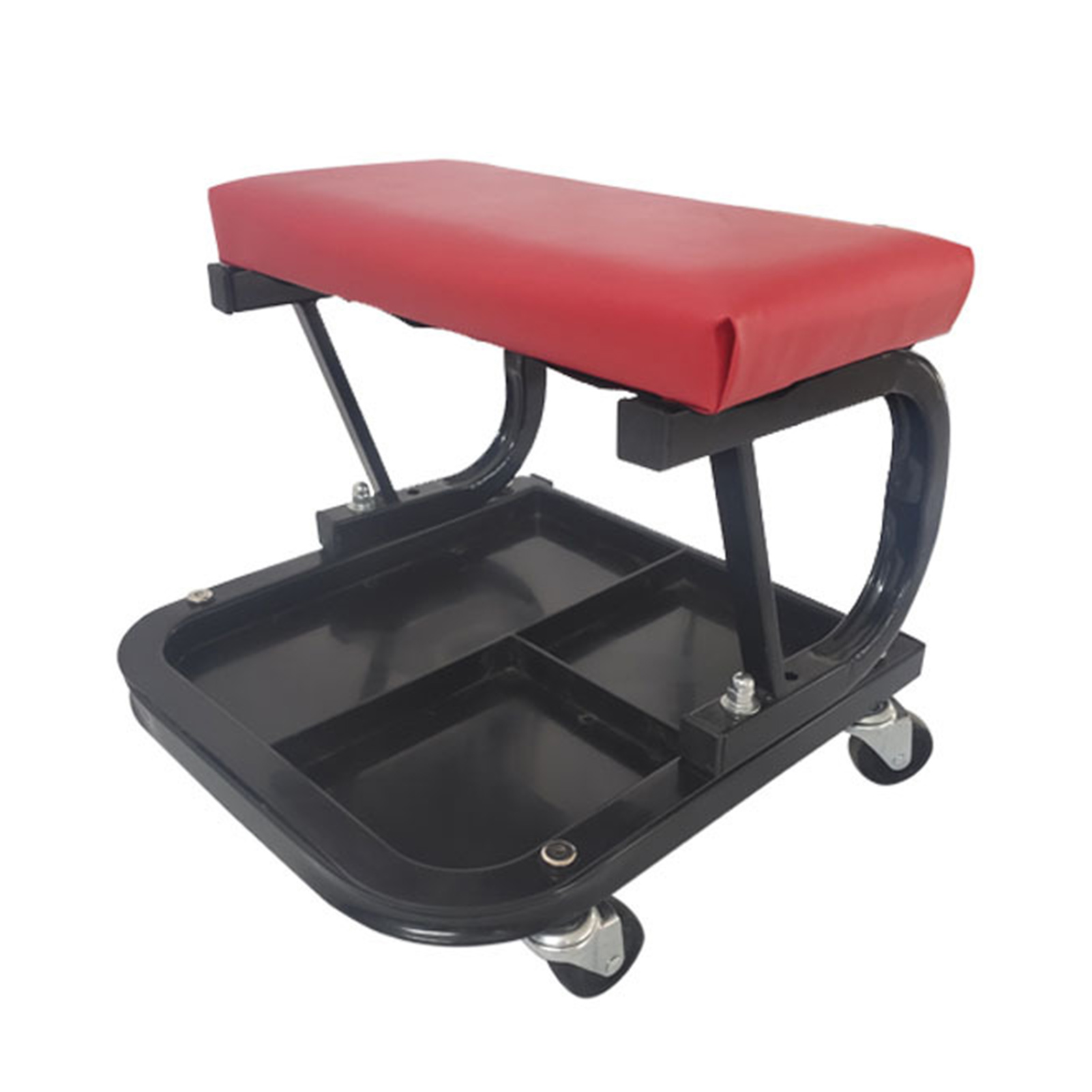 Tabouret d'atelier roulant avec plateau à outils, siège rembourré, roues pivotantes 360°, structure métal haute résistance