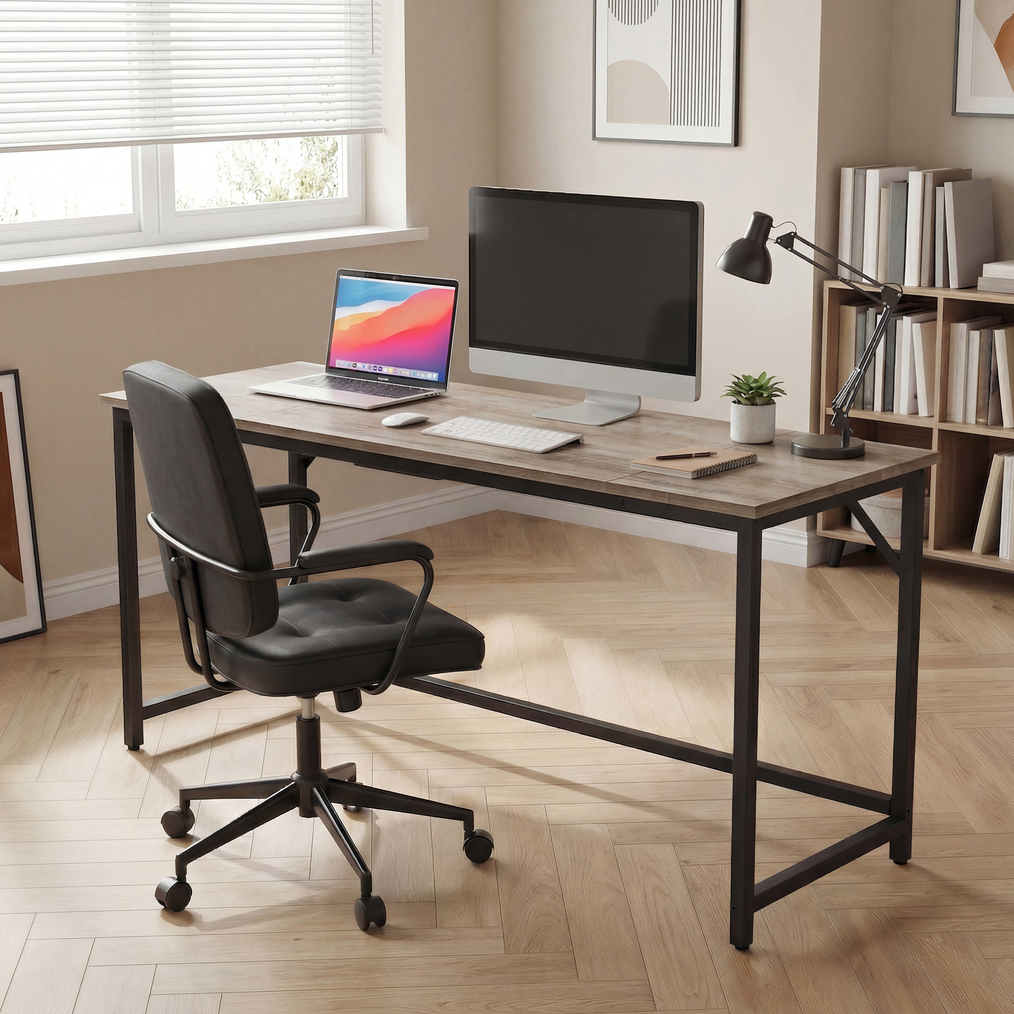 Bureau D’ordinateur, 140 X 50 X 76 Cm, Pour Chambre À Coucher, Salon, Grège Chiné Et Noir