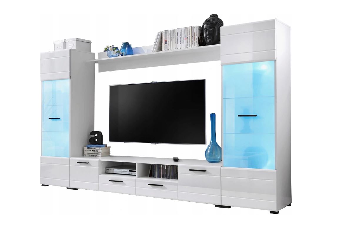 Dusine – Meuble Tv 260 Cm Blanc Laqué – Vitrines Led Multicolores Avec