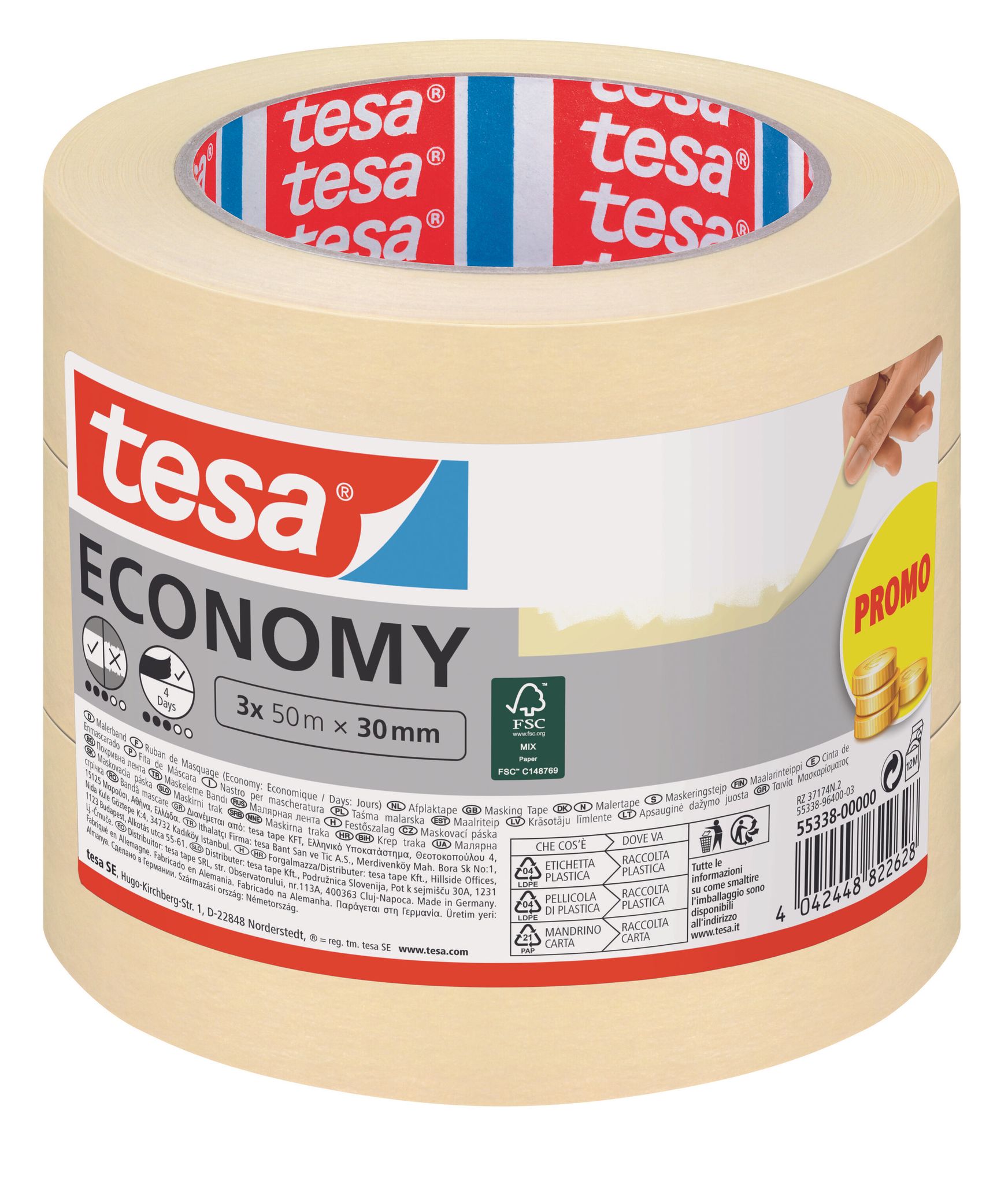 Tesa - Malerband Economy - Vielseitiges Klebeband Für Malerarbeiten Ohne Lösungsmittel - Bis Zu 4 Tage Nach Gebrauch Rückstandslos Entfernbar, 3x 50 M X 30 Mm