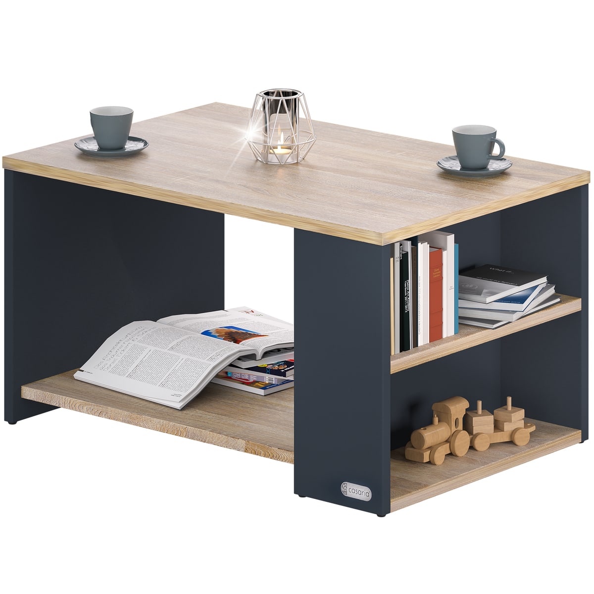 Couchtisch Holz Mit Stauraum 2 Fächer 90x60x50cm Kratzfest 50kg Belastbar Ablage Beistelltisch Wohnzimmer Sofa Couch Tisch Holz Grau - Casaria