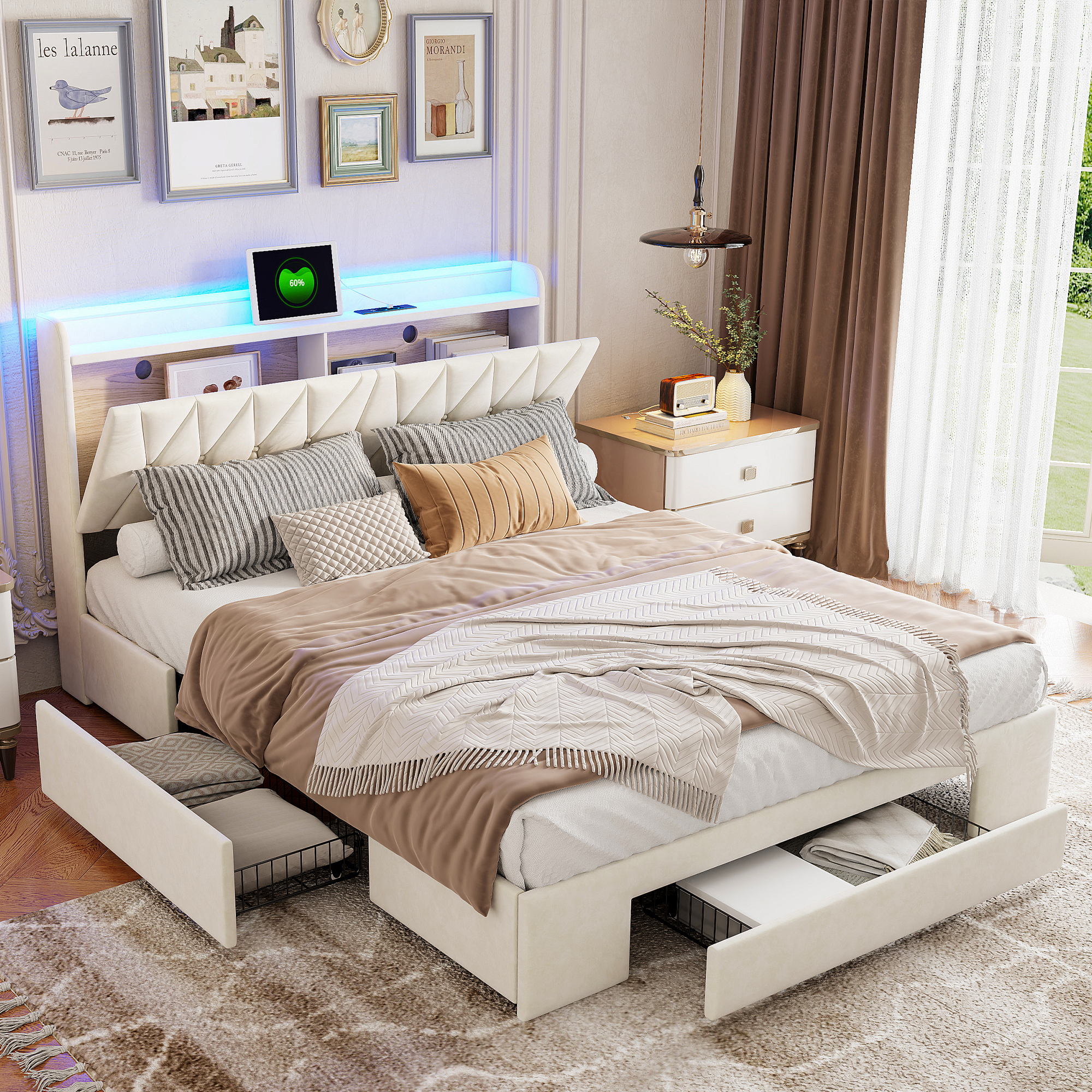 Sunfecili – Lit Double 160 X 200 Avec 3 Tiroirs – Lit Rembourré En Velours Beige – Chargement Usb Et Lumière Led Réglable – Tête De Lit Avec Rangement