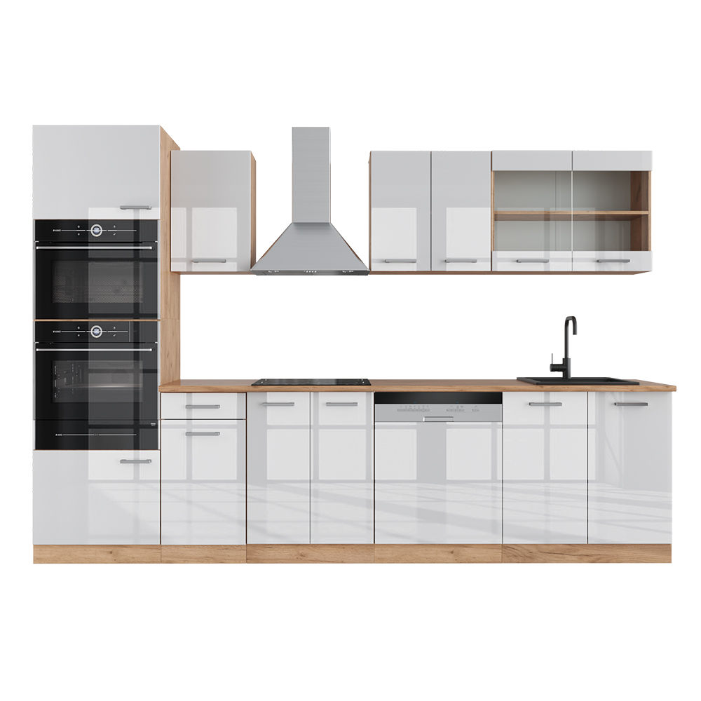 Vicco - Cuisine R-Line, Blanc brillant/Chêne doré, 300 cm avec armoire haute, pt Chêne